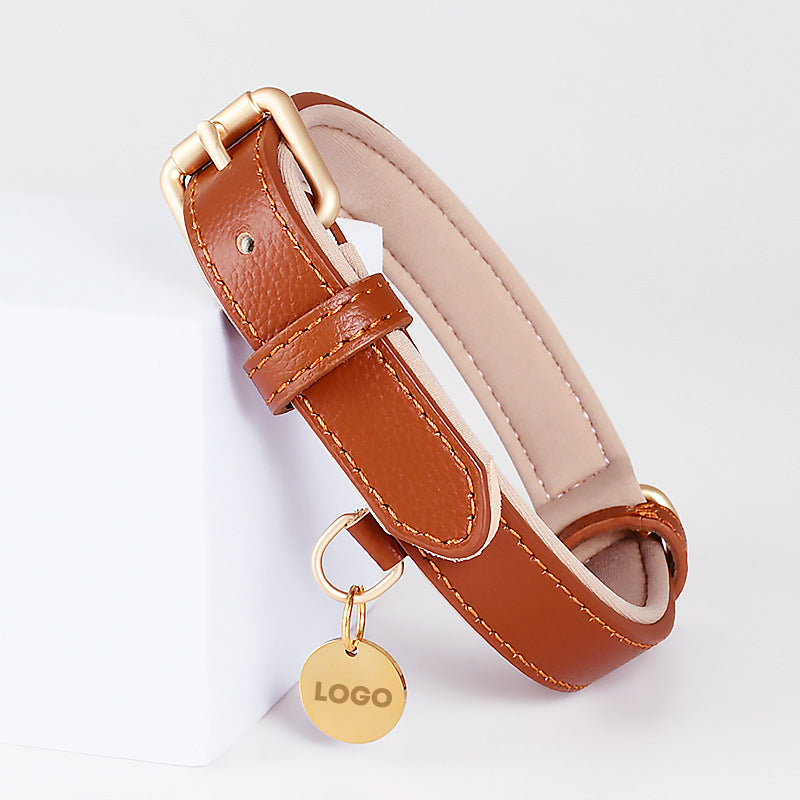 Brown leather look dog collar and lead set with metal buckle