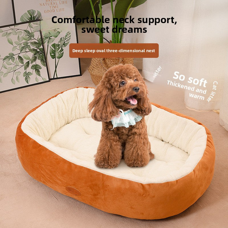 Thick oval pet bed in warm cloth, photo 2 of 17