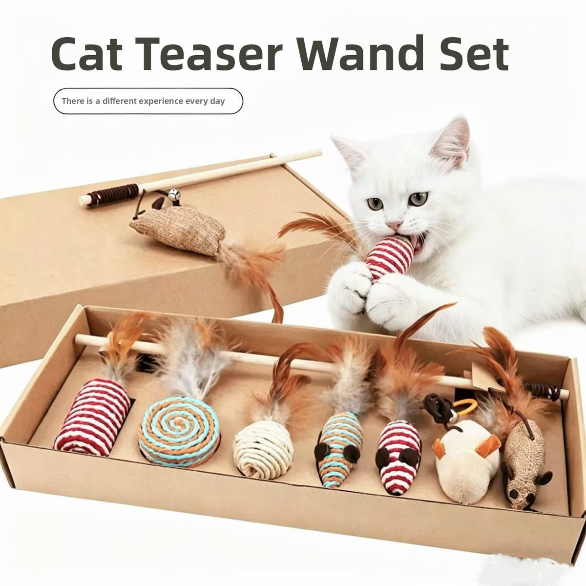 Interactive 7 piece cat toy set with feather teaser and bell, view 1