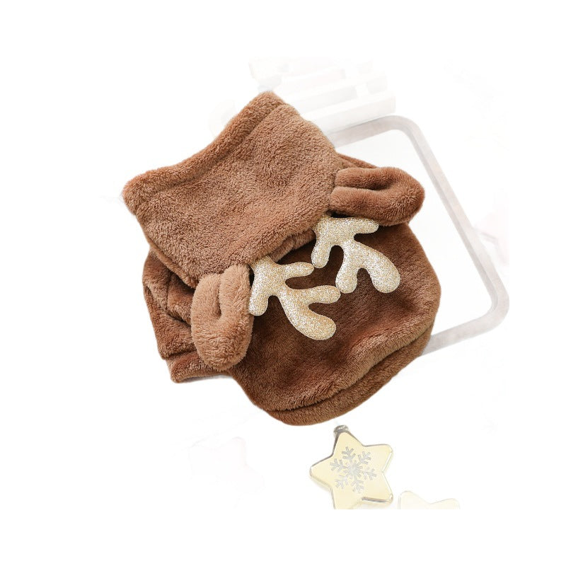 Cat in a cosy reindeer flannel costume with golden antlers