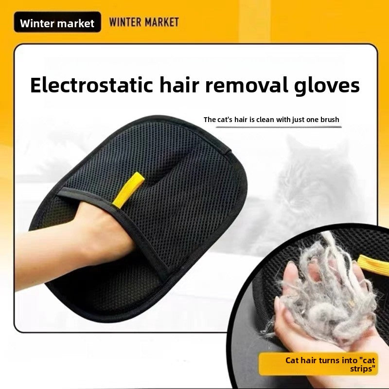 Static pet hair removal glove for sofas and clothes, in a home setting