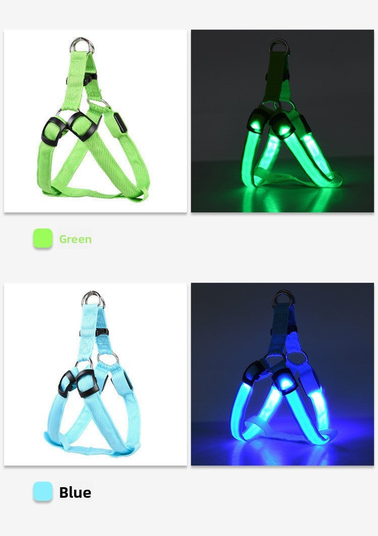 Light up dog harness with reflective strap shown in seven colours