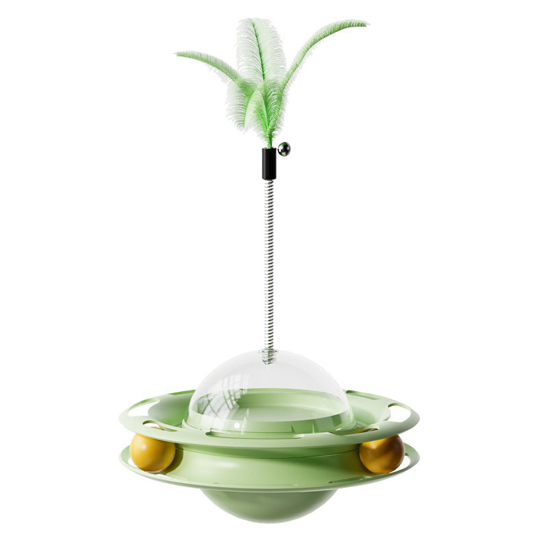 Self-Spinning Cat Turntable Toy with Feather Attachments and Weighted Tumbler Base