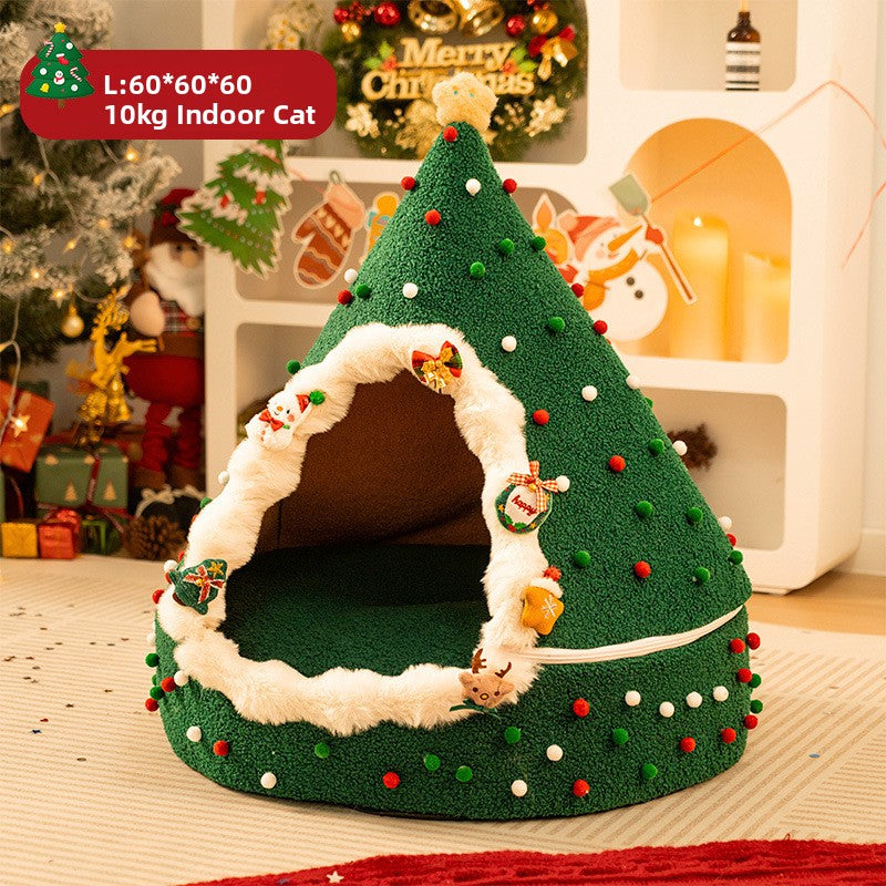 Christmas tree shaped plush cat bed with fleece lining, product image 9