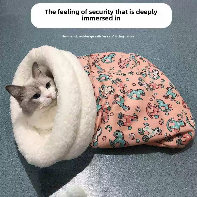 Enclosed tunnel pet bed with cartoon print for cats, view 1