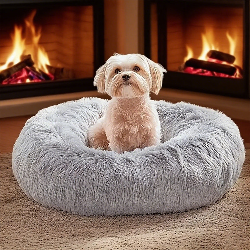 Plush round pet nest bed in Light Grey, size 40cm Diameter