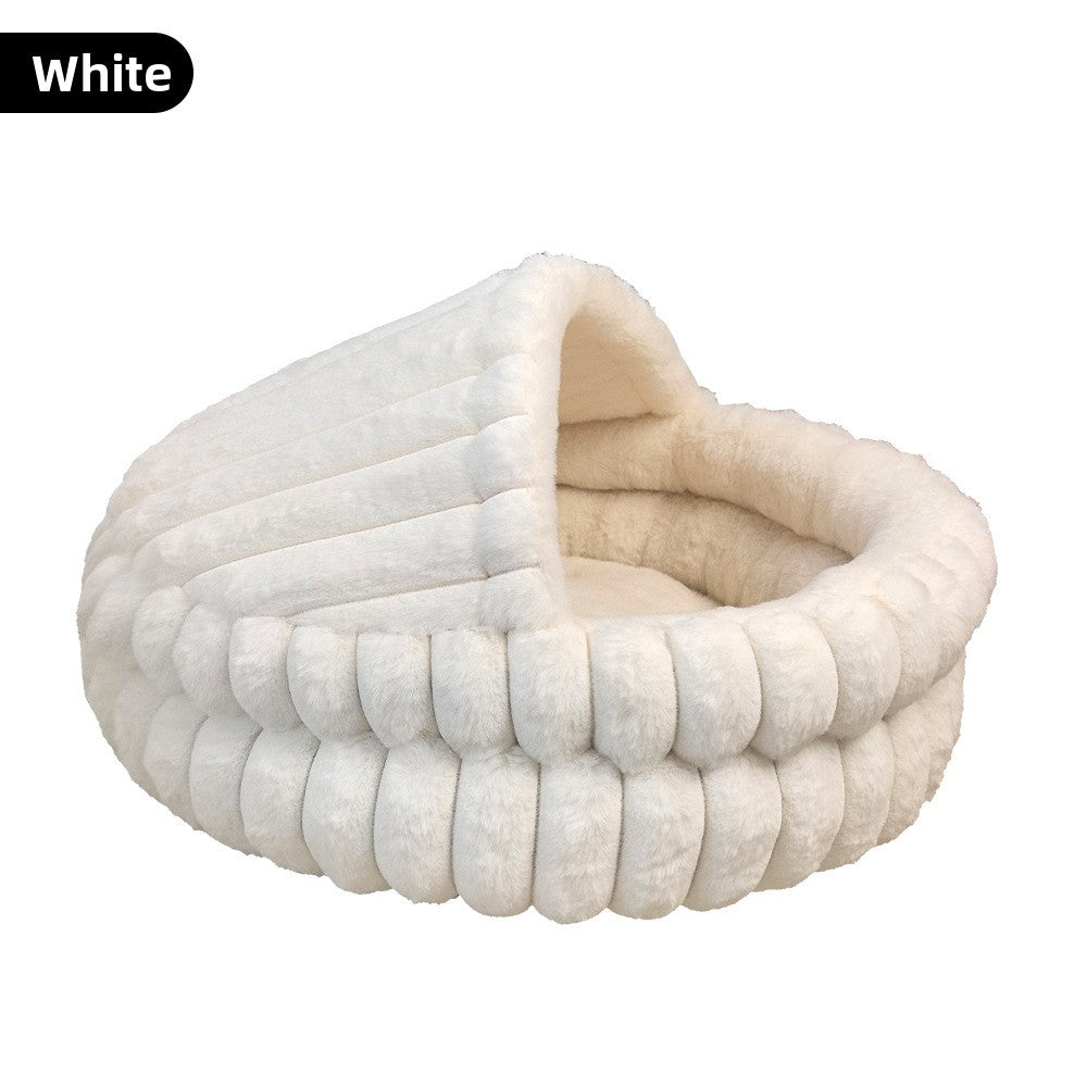 Thick plush semi-enclosed cat bed with waterproof base in White, size Small 50cm
