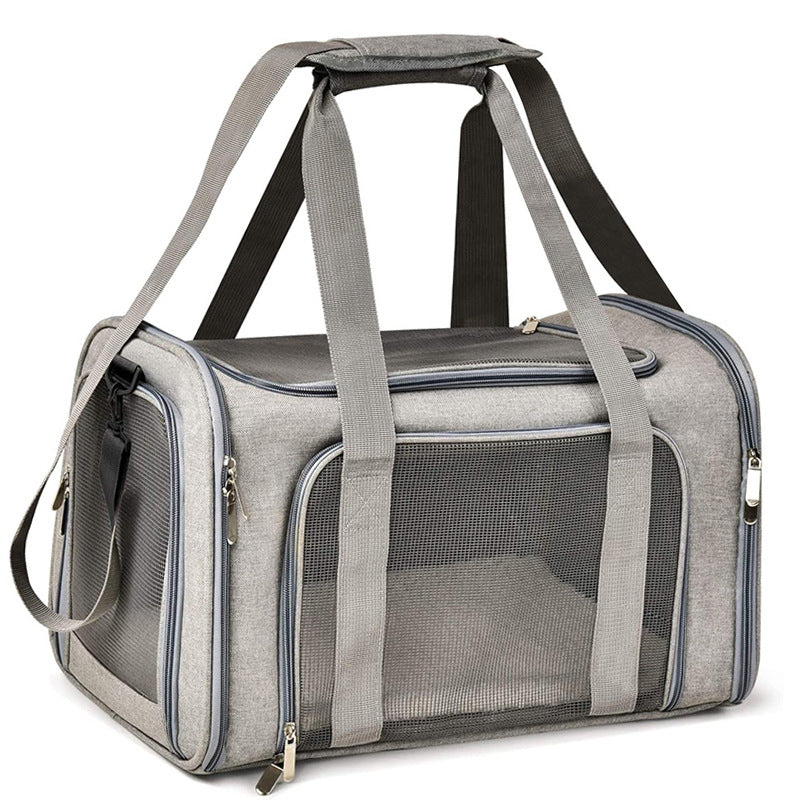 Black breathable mesh pet carrier bag with geometric pattern