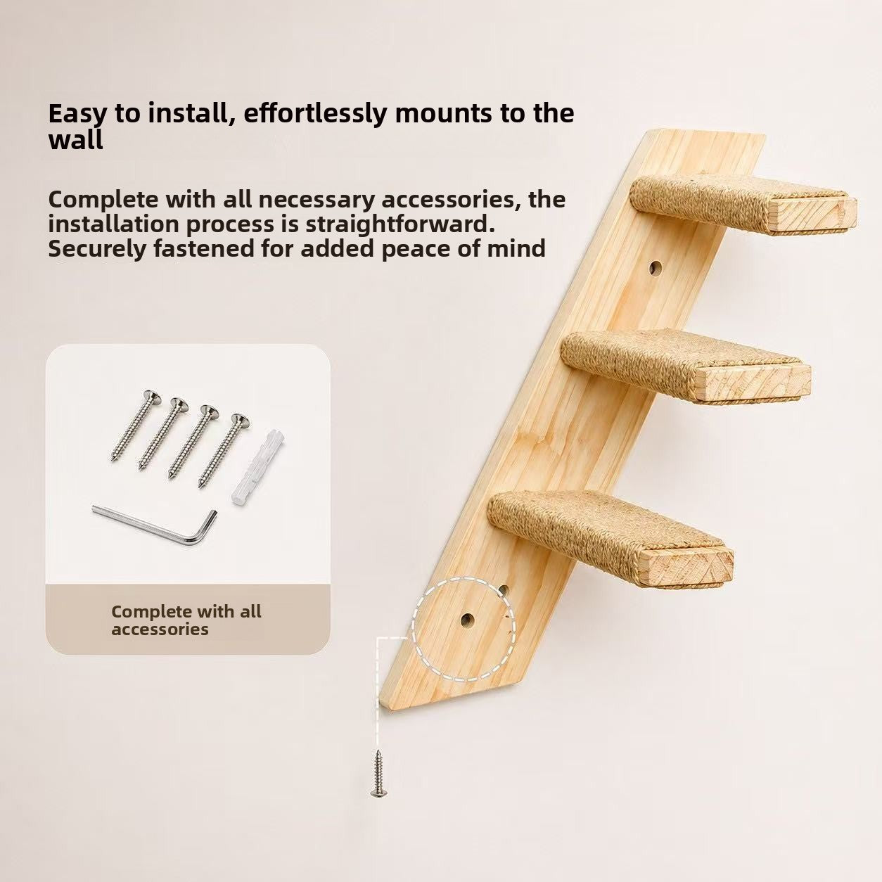 Solid wood wall-mounted cat climbing steps with sisal rope, photo 3