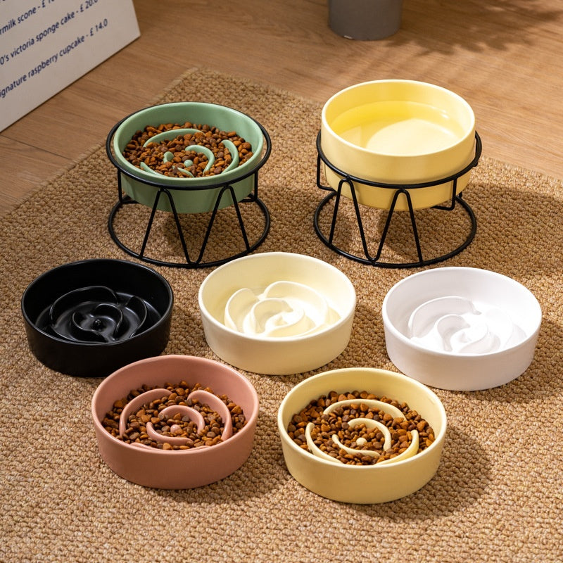 Ceramic Slow Feeding Pet Bowl with Small Flower Design and Optional Iron Stand