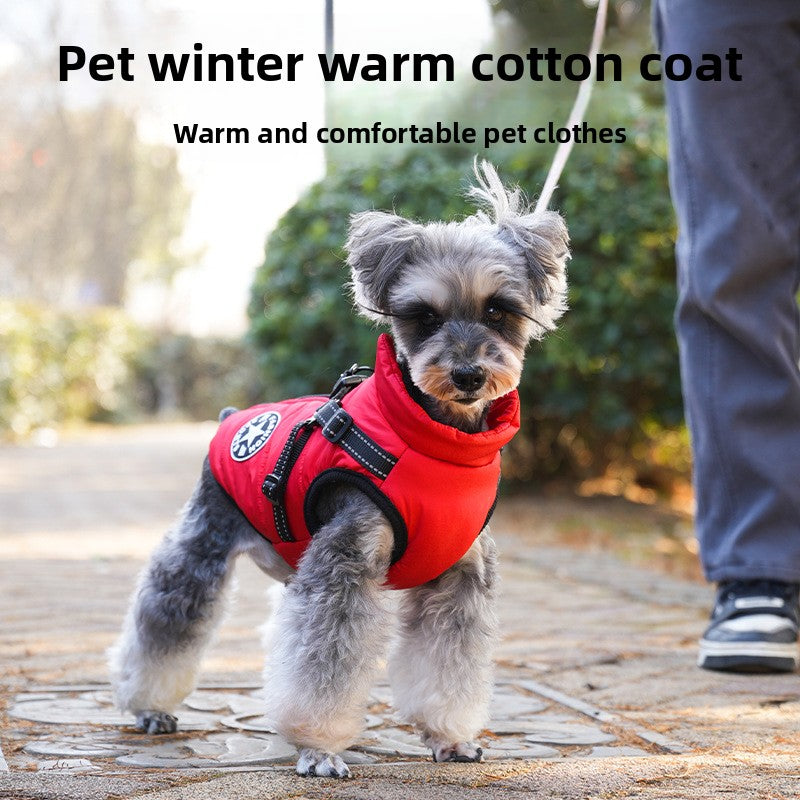 Padded cotton dog jacket with built-in lead vest in Red, front view