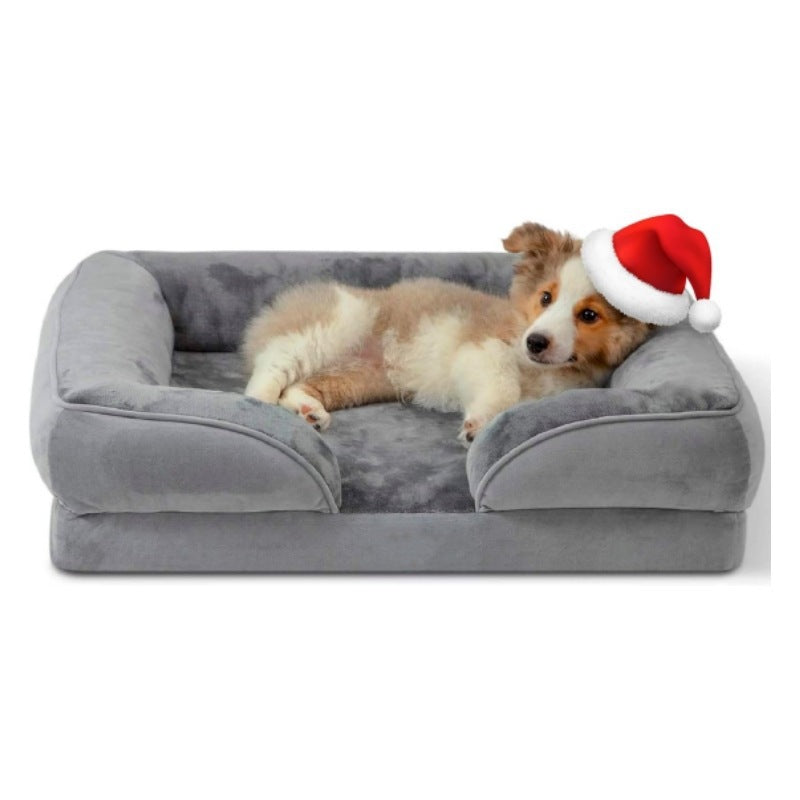 Blue cushioned dog bed measuring 76 by 51cm