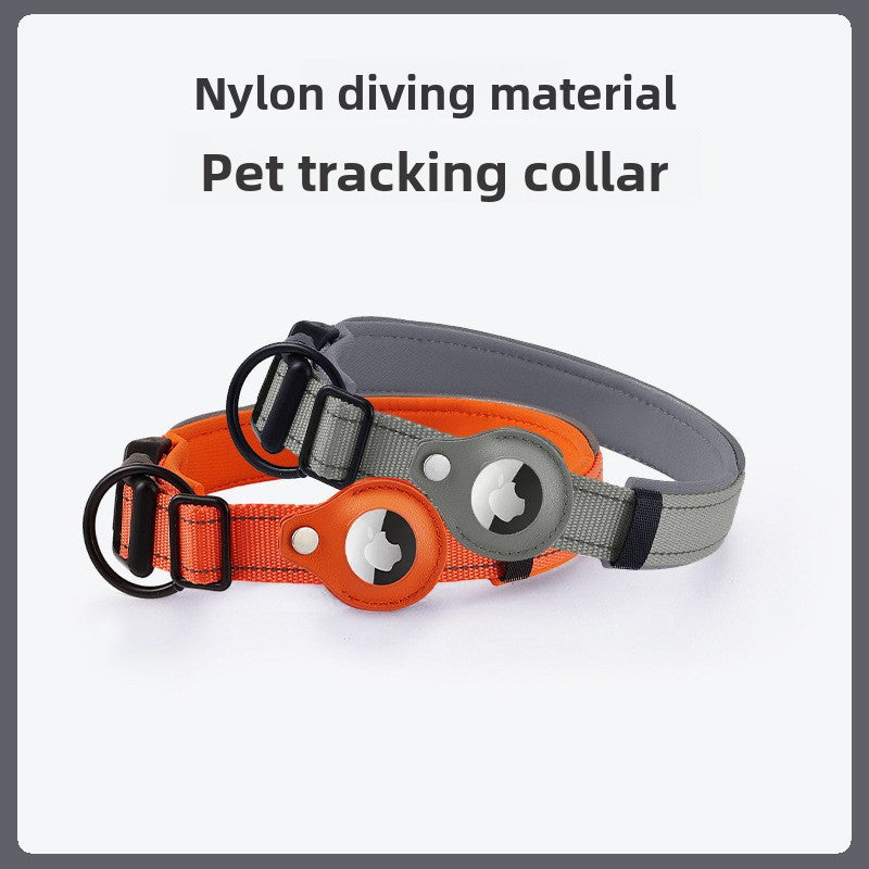 Nylon dog collar with tracker holder pocket in orange, view 1