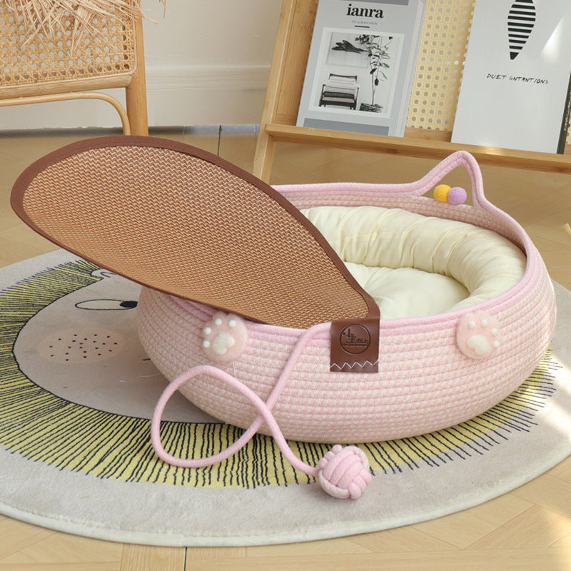 Handmade rattan cat bed with scratching board and ball