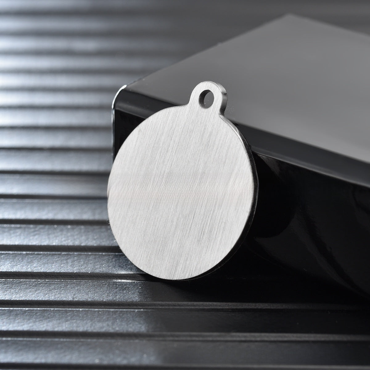 Blank brushed stainless steel pet ID tag in a military shape, product image 3
