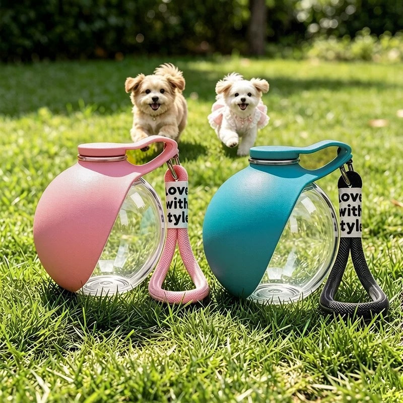 Silicone dog travel water bottle with ball outlet in Blue, side view