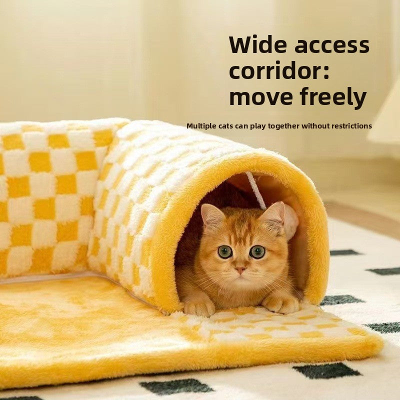 Plush cat tunnel bed with removable cover, main product photo