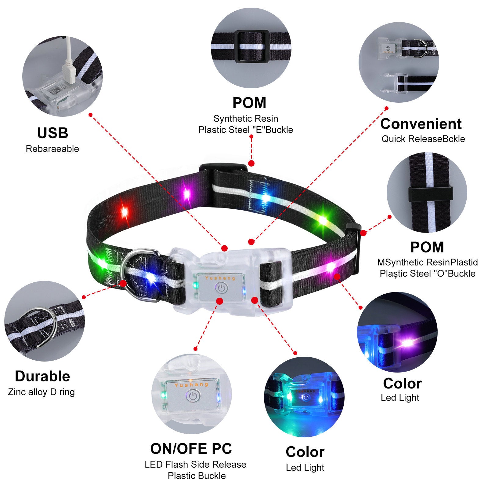 Patterned LED light up dog collar glowing pink at night