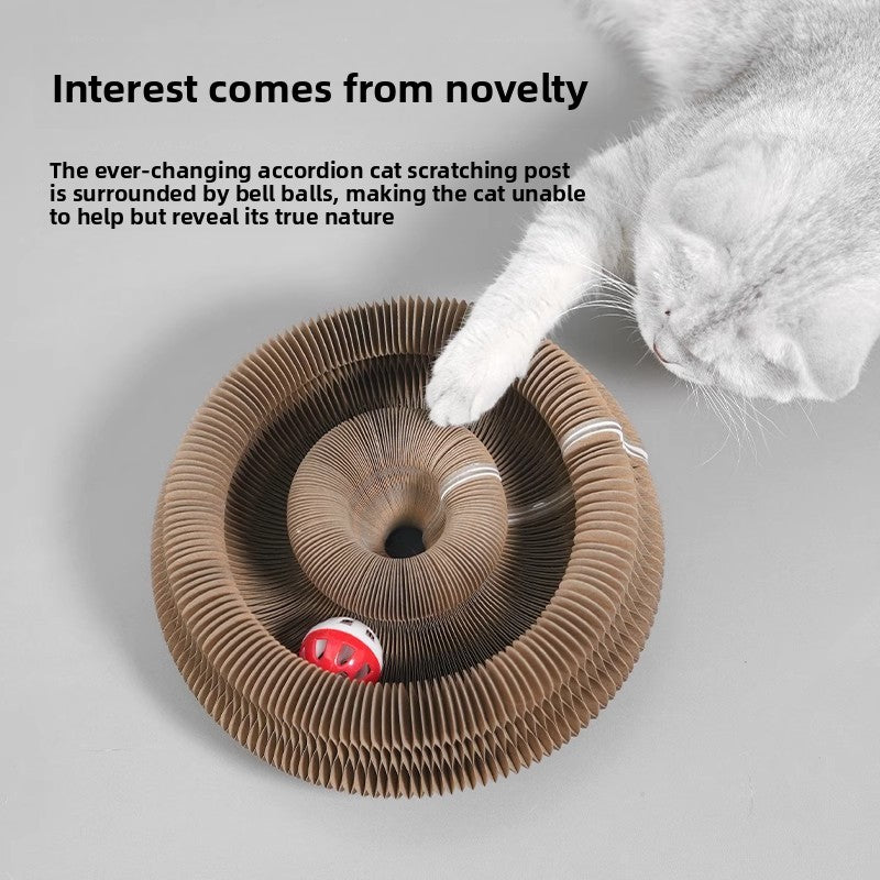 Foldable accordion cat scratcher with bell toy, alternative angle view