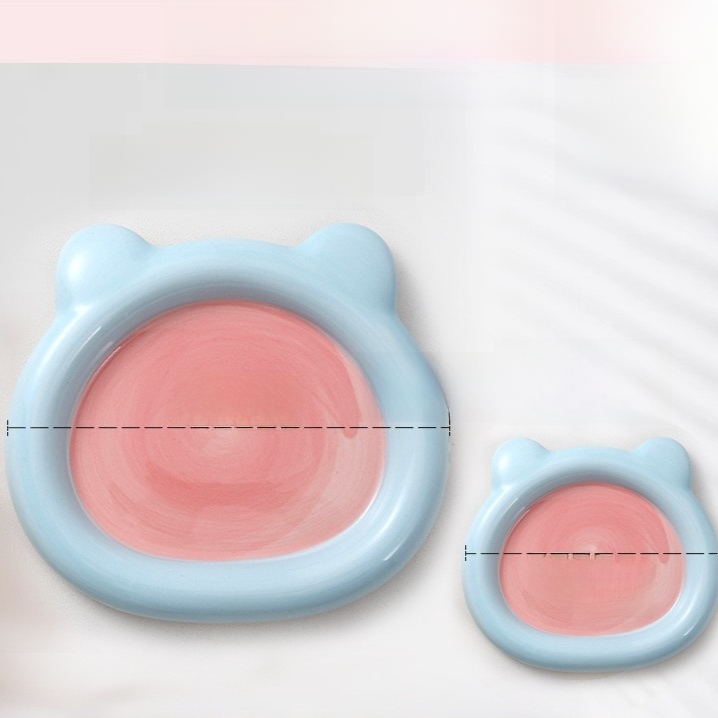 Glazed ceramic pet food plate with bear design in blue and pink, view 6