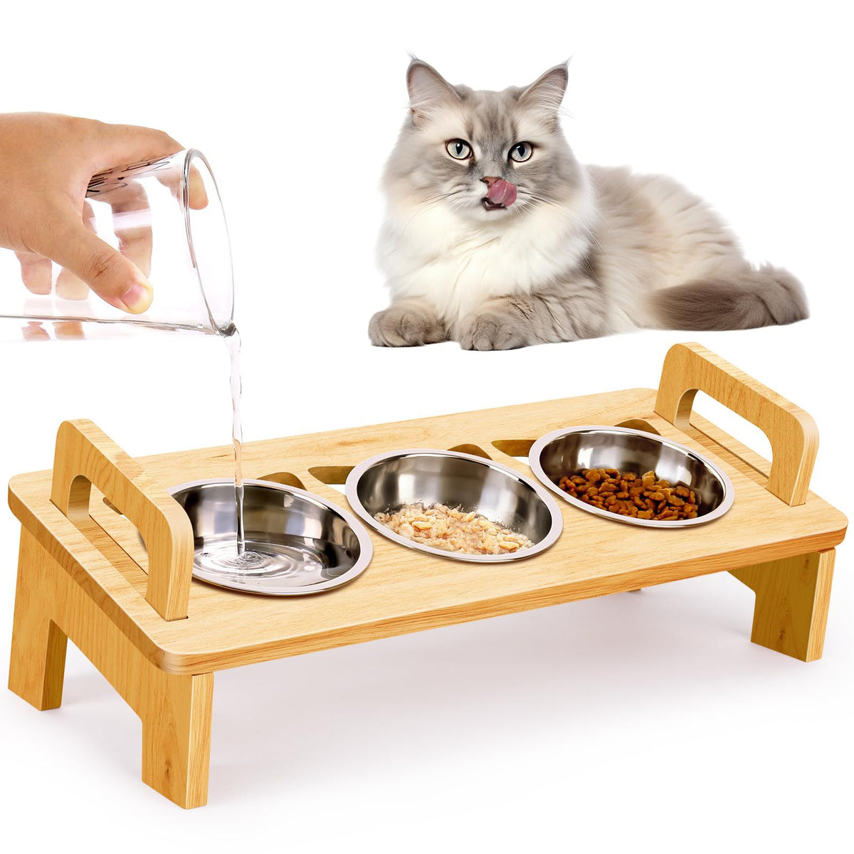Bamboo elevated cat bowl rack with three bowls