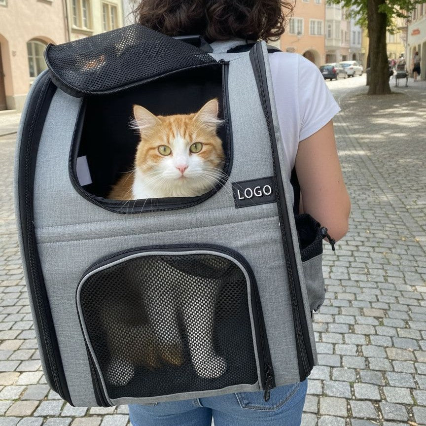 Foldable black pet carrier backpack with breathable mesh panels, view 3 of 6