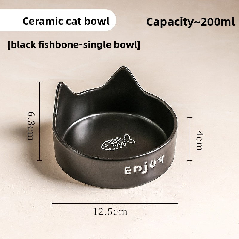 Anti-Spill Ceramic Pet Bowl with Wooden Stand and Cat Ear, Paw or Fish Bone Design