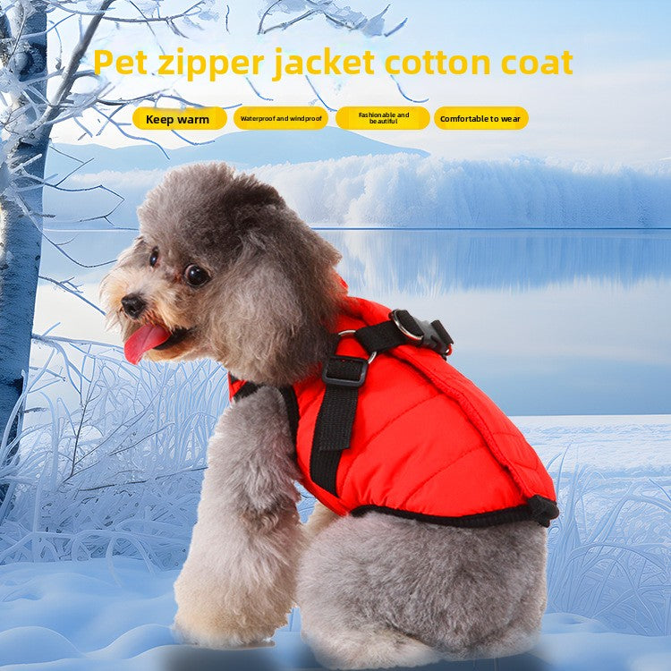 Windproof hooded dog jacket with zip front in Purple Style A, front view