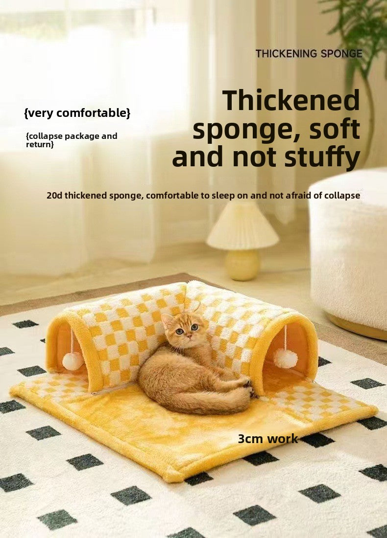 Plush cat tunnel bed with removable cover in Yellow and White Check Tunnel, size Medium