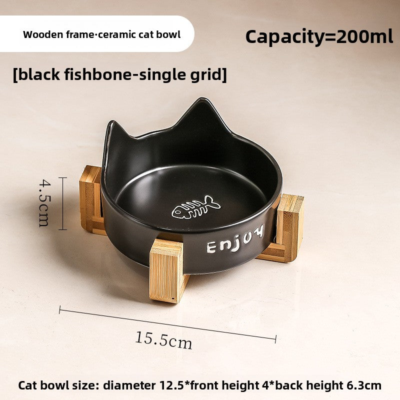 Anti-Spill Ceramic Pet Bowl with Wooden Stand and Cat Ear, Paw or Fish Bone Design