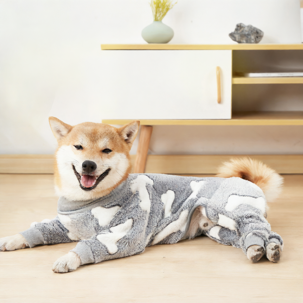 Coral fleece four-leg dog pyjamas in Starry Pink Glow, close-up detail
