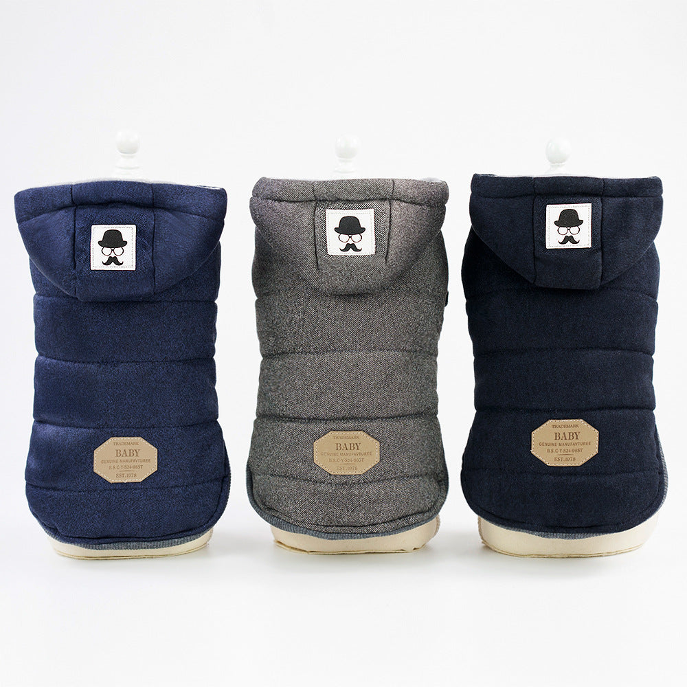 Two-leg padded cotton dog coat with moustache pattern in Navy Blue, close-up detail