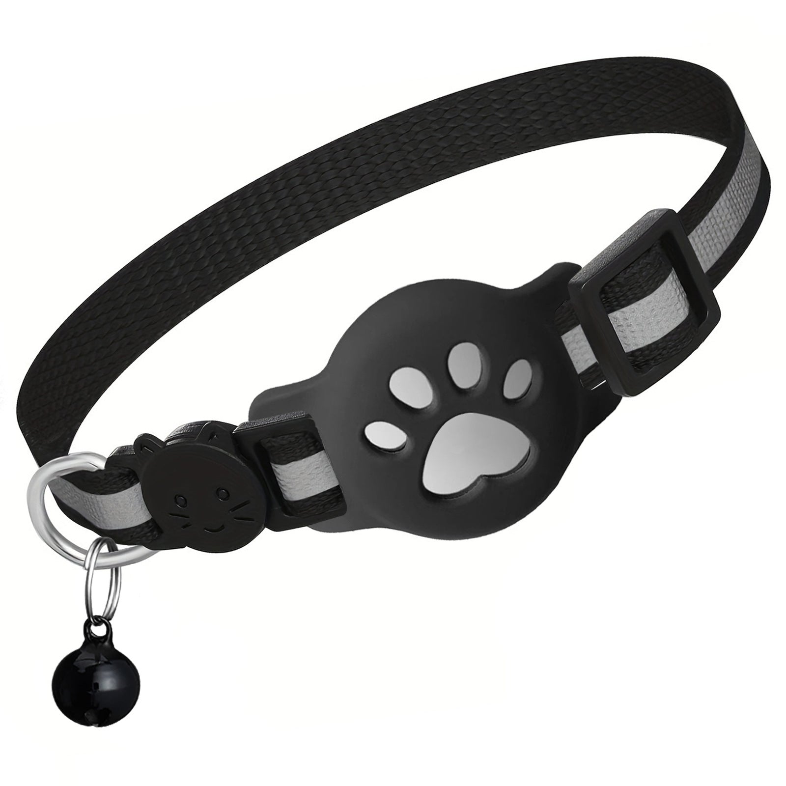 Reflective breakaway cat collar with silicone AirTag holder sleeve and bell, view 1