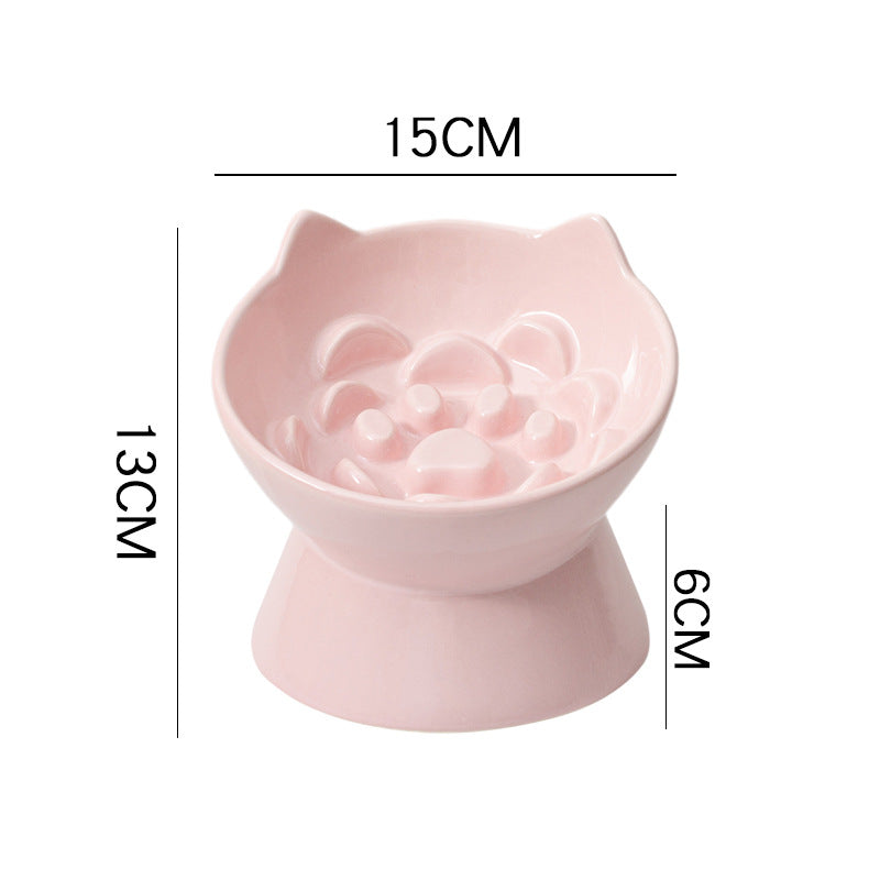 Ceramic High-Foot Cat Bowl with Slanted Rim, Slow-Feeding Feature and Ear Handles