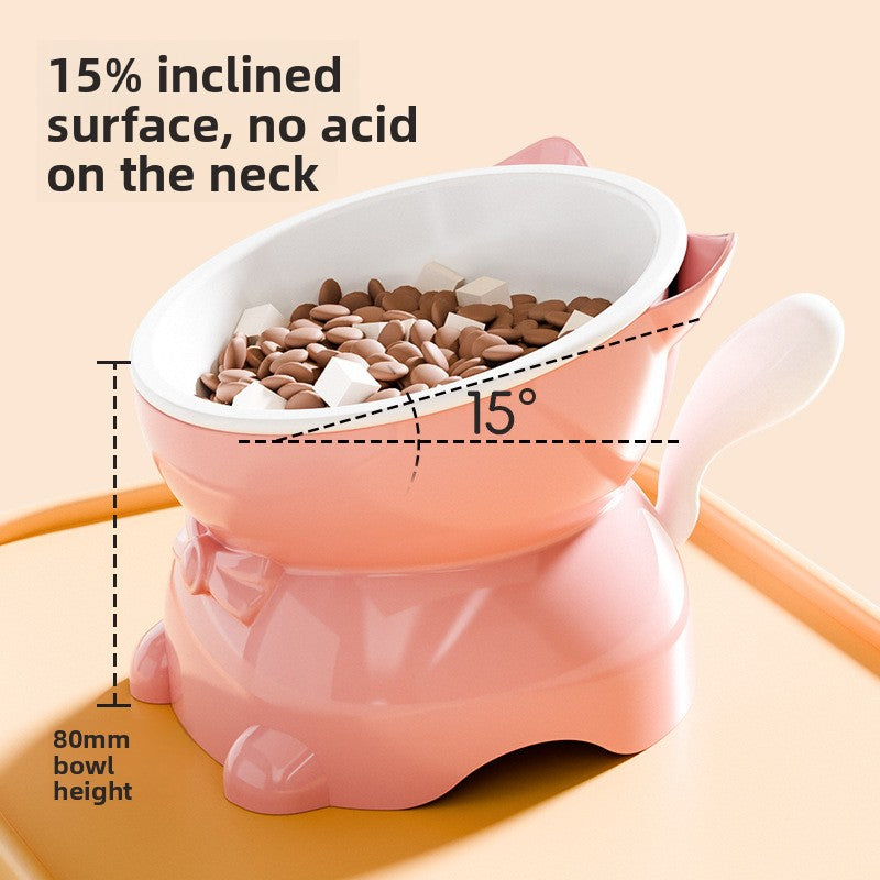 Slanted Cat Food Bowl with Anti-Spill Stand, Kitten Tail Design