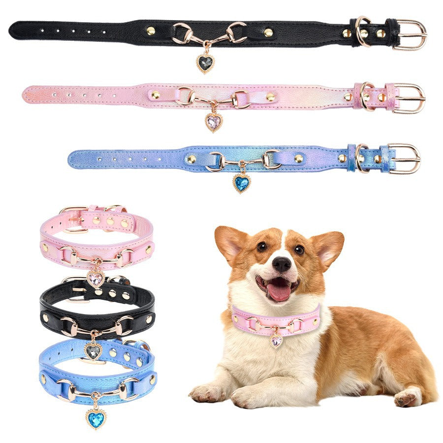Heart rhinestone PU leather pet collar in Pink, front view