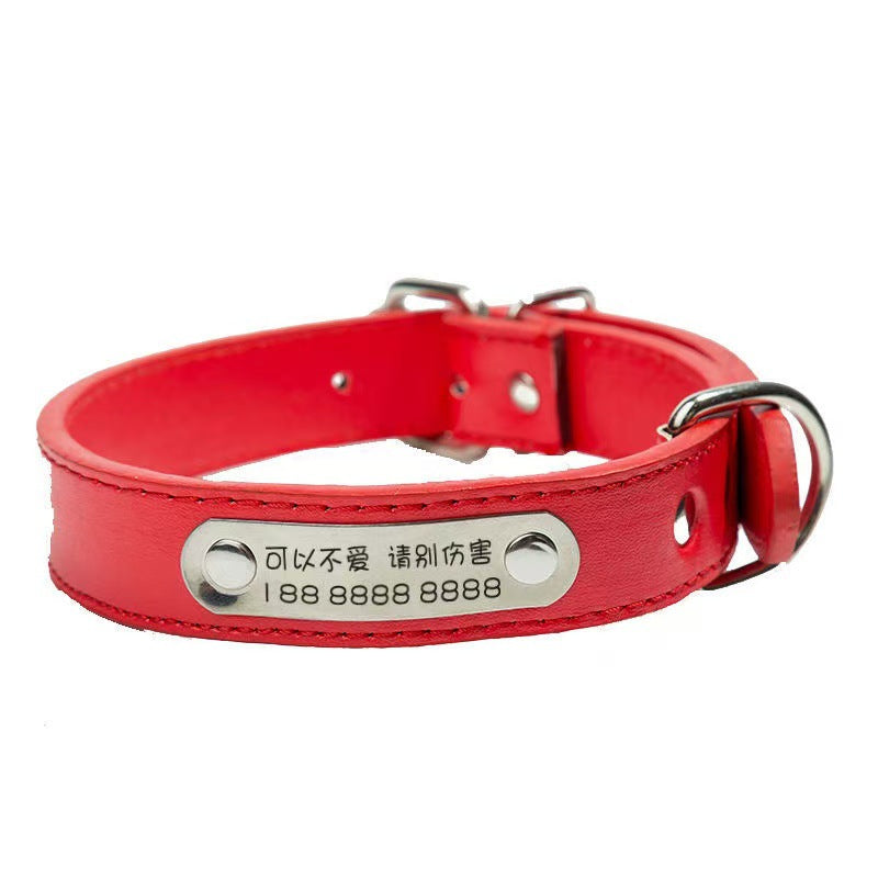 PU leather pet collar with ID tag and bell in Rose Red, close-up detail