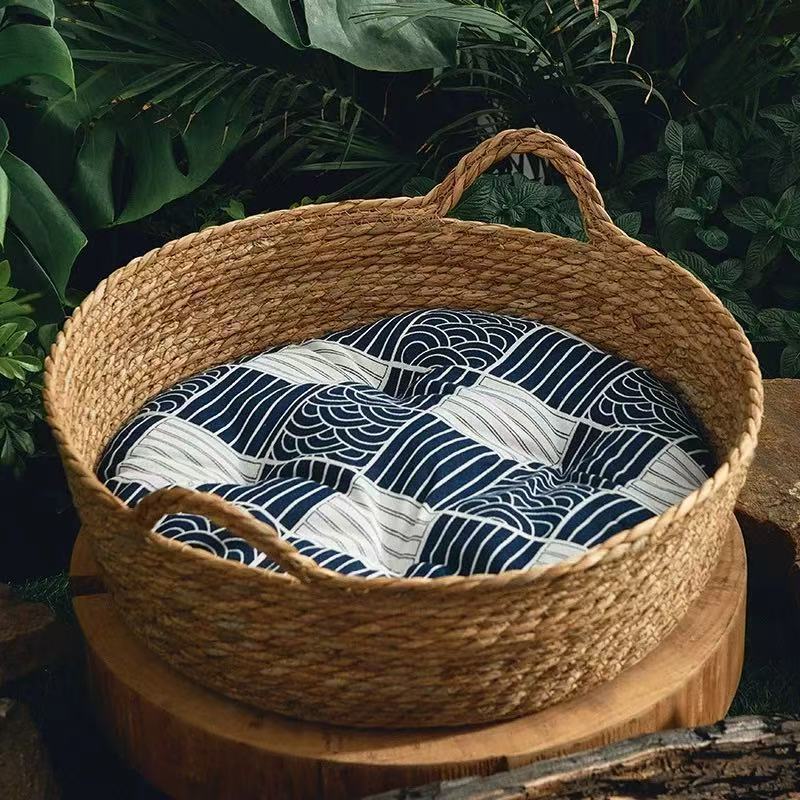Hand woven rattan and cattail round cat nest, view 7