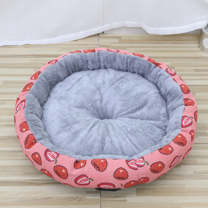 Round cotton pet bed with sweet strawberry print for cats, view 5