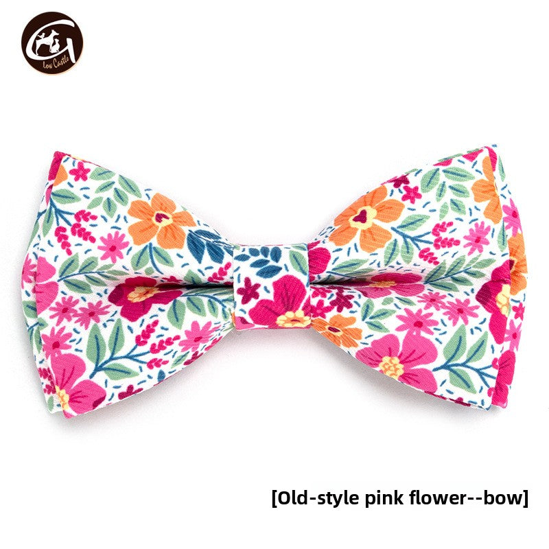 Floral fabric dog collar with gold buckle in Multicolour Stripe Collar, in a home setting