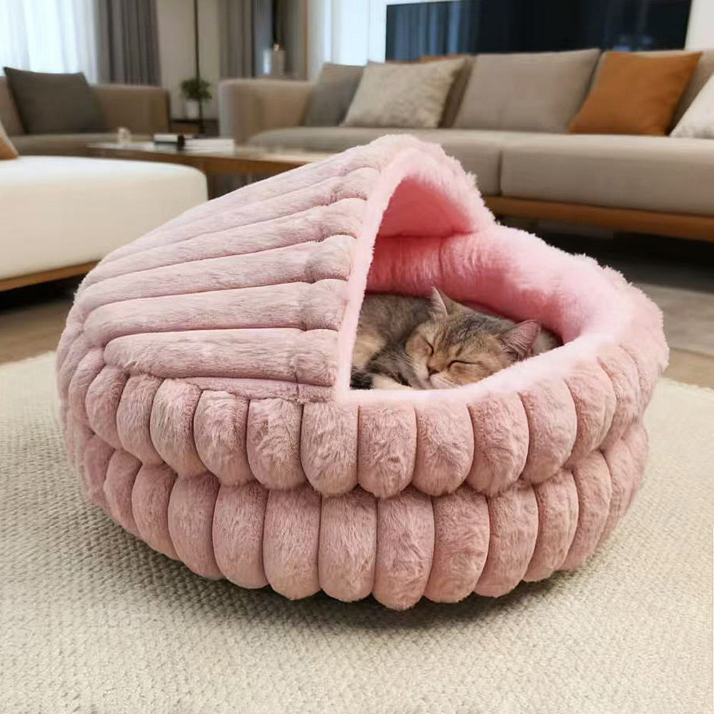 Thick plush semi-enclosed cat bed with waterproof base, sizes from Small 50cm