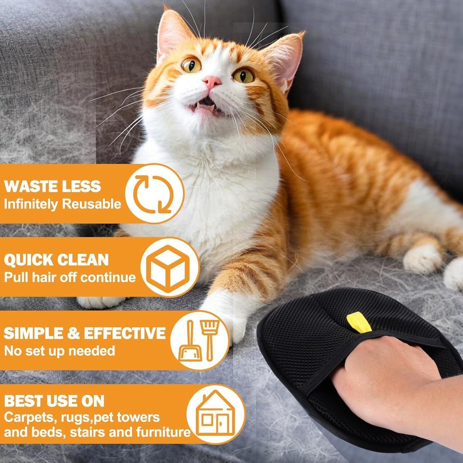 Pair of pet hair gloves cleaning a fabric sofa