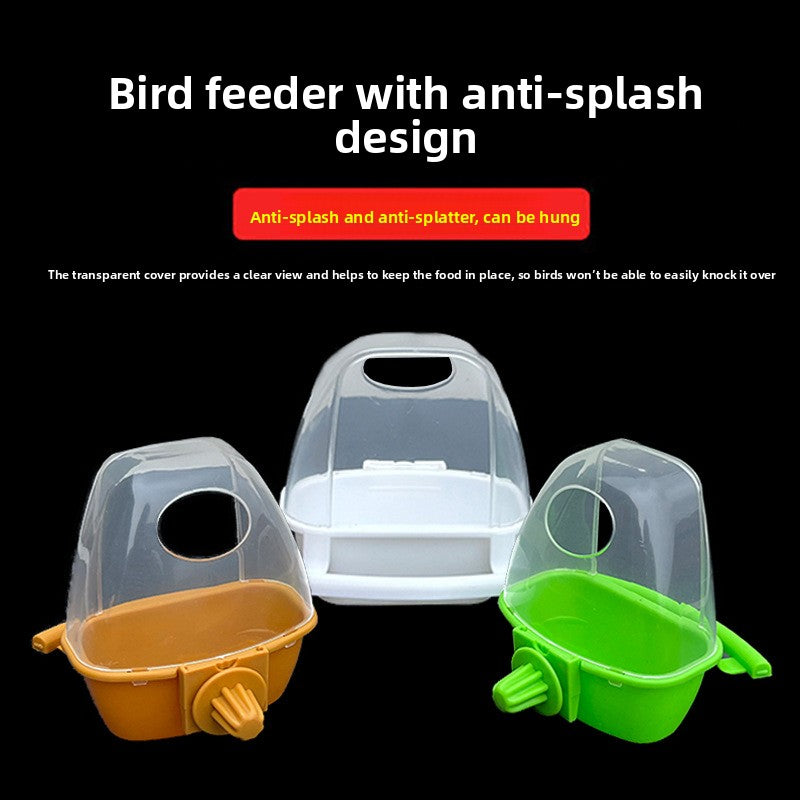 Green splash proof hanging bird feeder inside cage, view 1