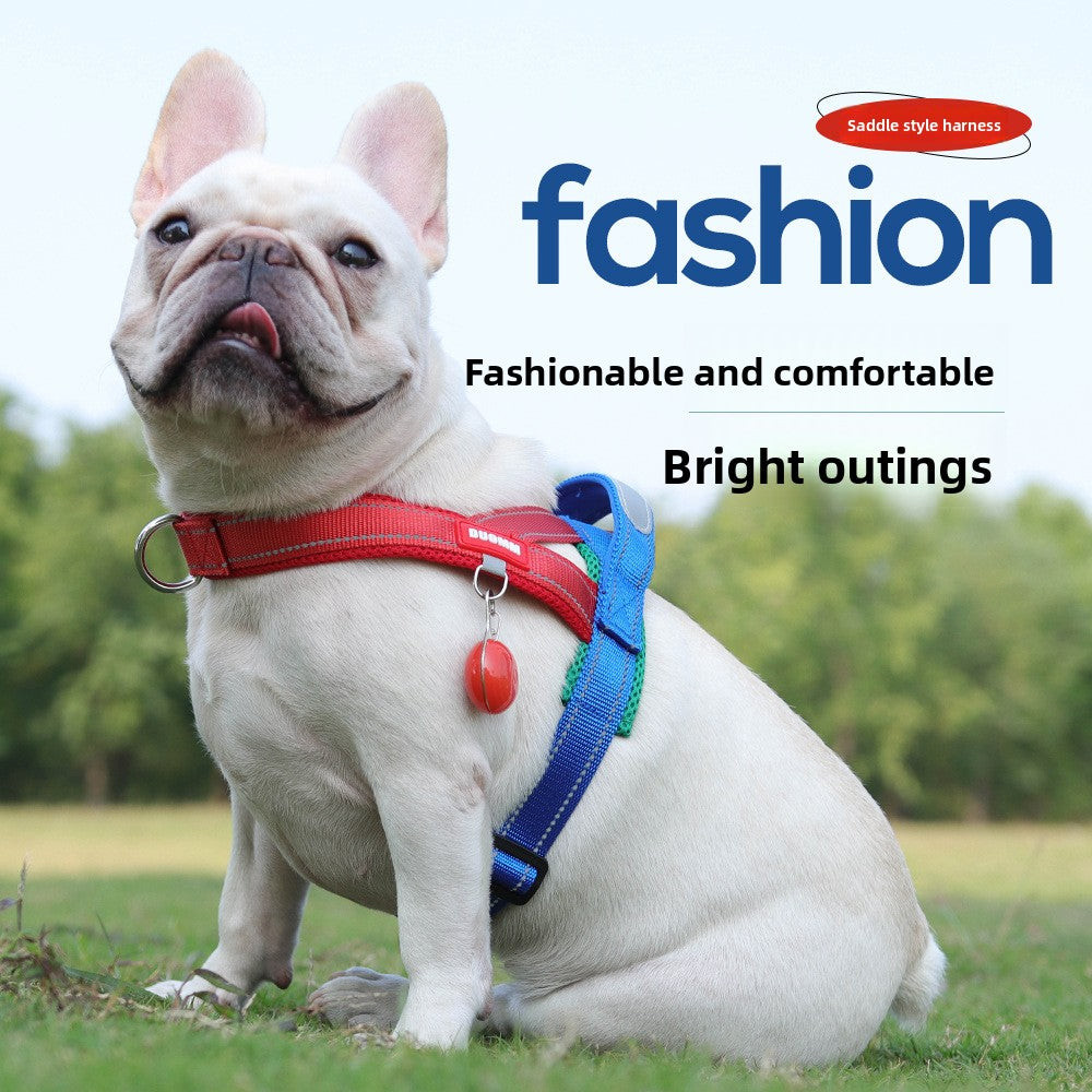 Reflective no pull saddle harness in red and blue on a dog