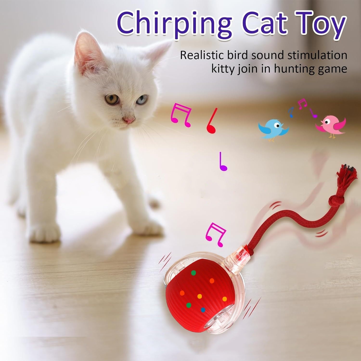 Red automatic rolling cat toy ball with dragonfly tail, photo 3