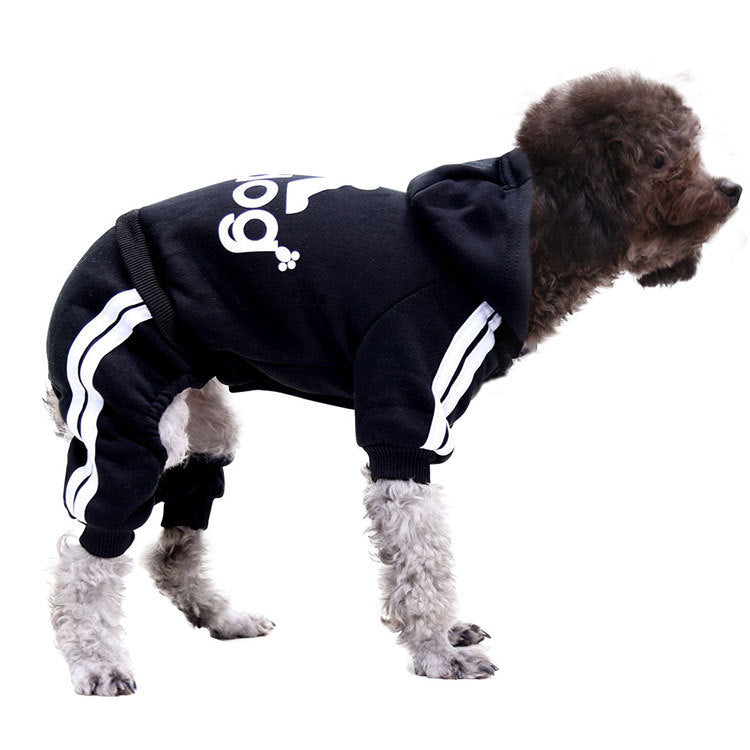 Fleece four-leg dog jumpsuit with button front in Red, showing size and shape