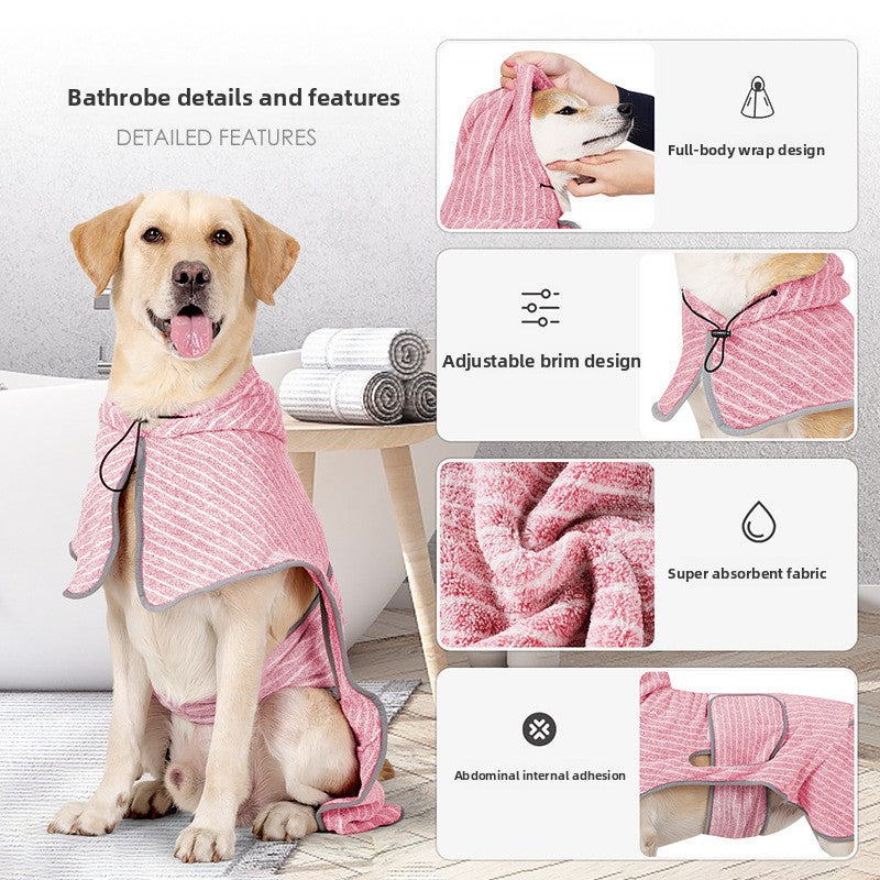 Dog wrapped in a pink striped quick dry bathrobe towel