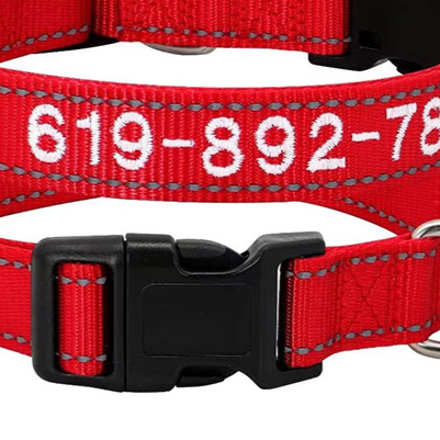 Reflective nylon dog collar in Rose Red, front view