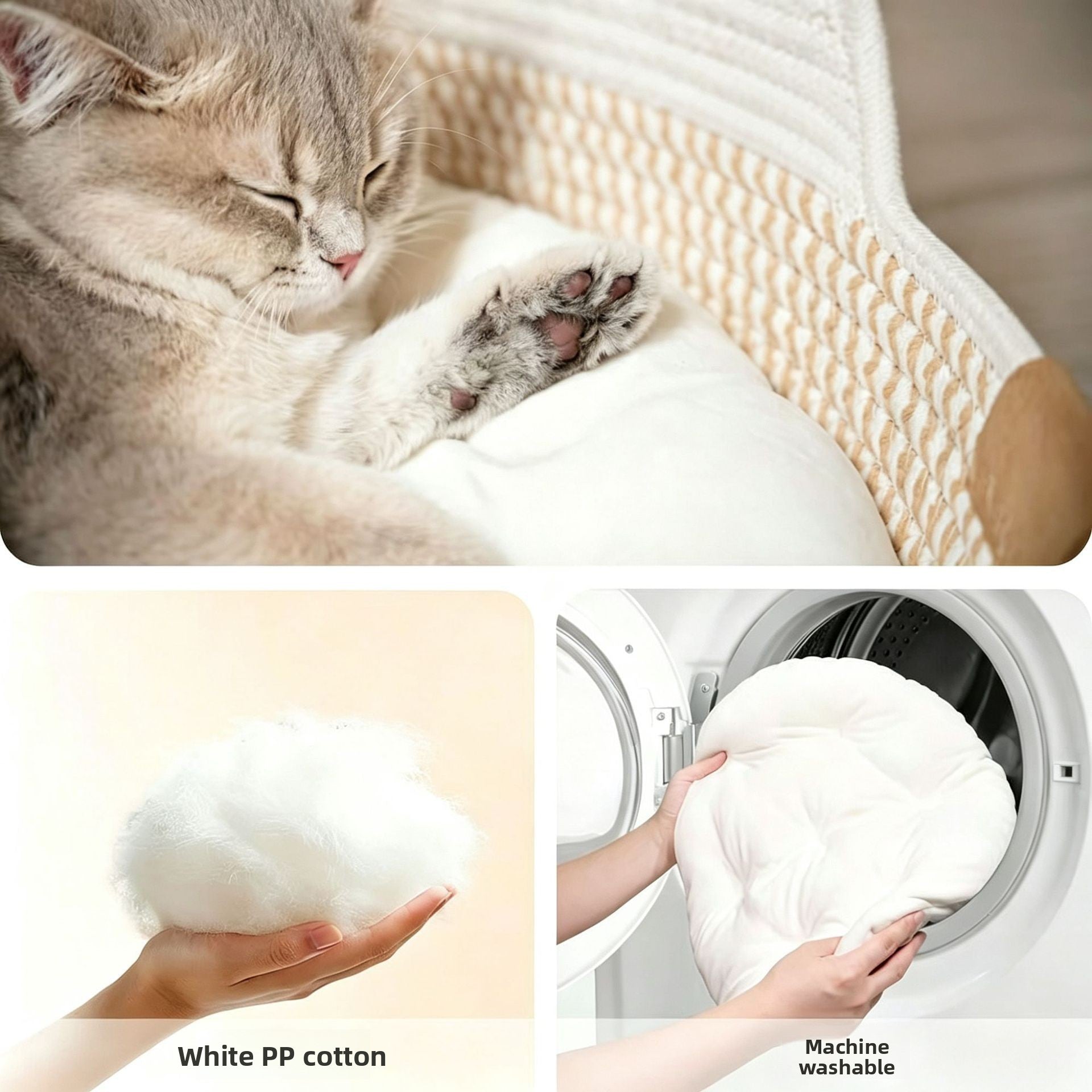 Round woven cotton rope cat bed and scratcher in beige and white, view 4