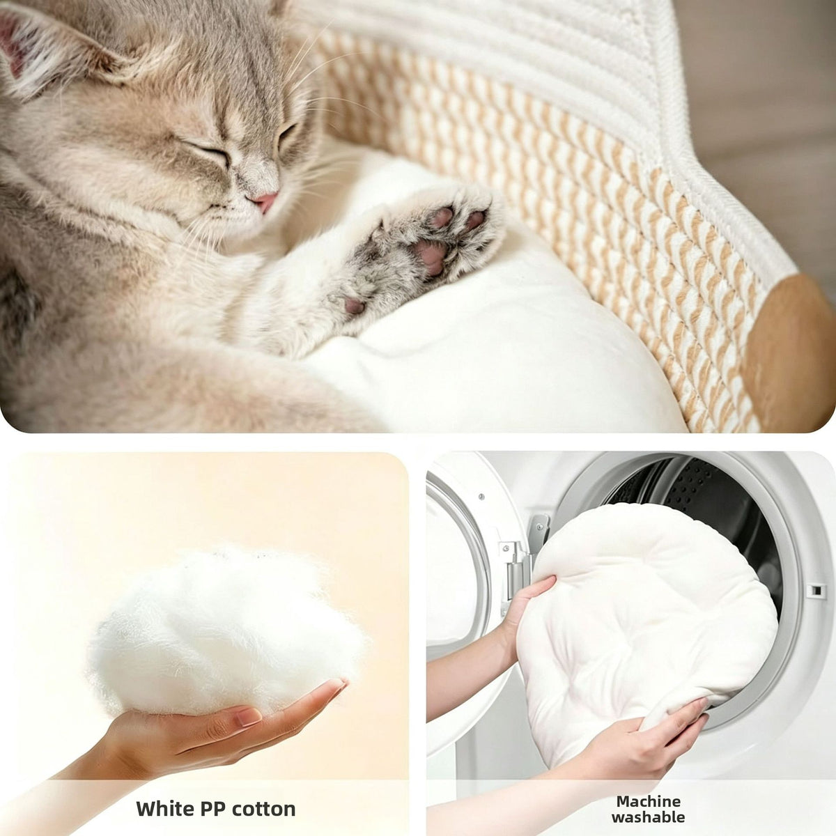Round woven cotton rope cat bed and scratcher in beige and white, view 4